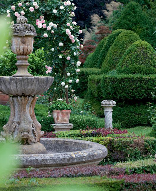 rose garden with fountain