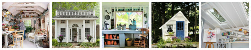 Collage of 5 she sheds inside and out