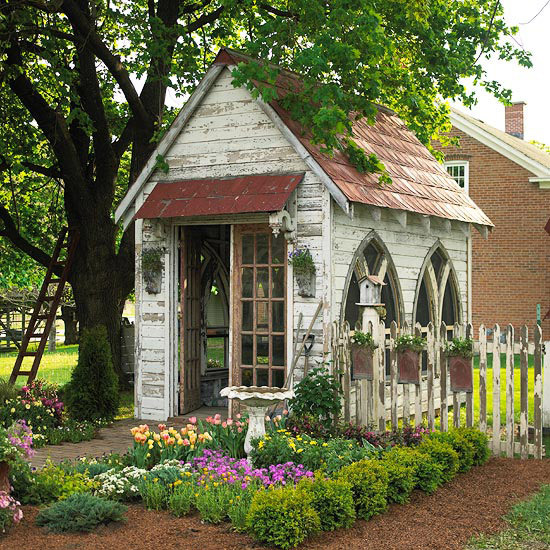 rustic shed with arched windows looks like a church